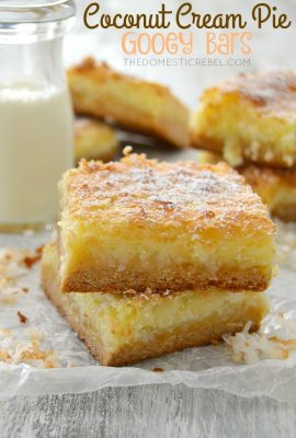 These Coconut Cream Pie Gooey Bars are AMAZING! This EASY recipe tastes JUST like coconut cream pie but in a gooey, chewy bar form! Sweet, nutty and bursting with coconut flavor!