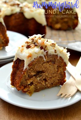 This Hummingbird Bundt Cake is a Southern favorite that you can enjoy at home! A spice cake bursting with pineapple, banana and pecans is topped with a creamy homemade cream cheese glaze and toasted coconut. A perfect, EASY cake recipe for any time!