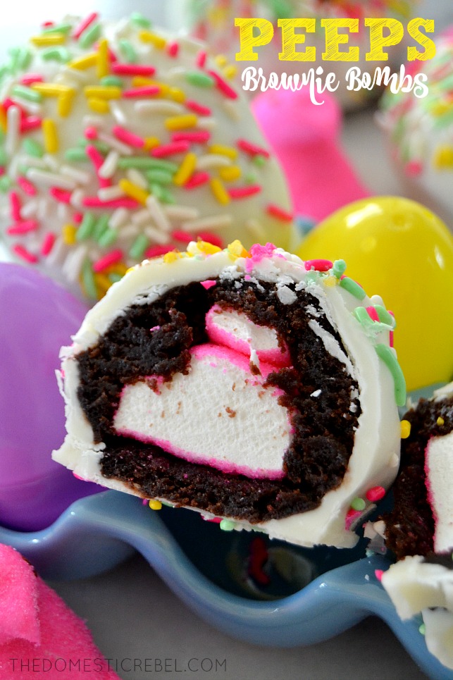 Peeps Brownie Bombs in blue dish with plastic eggs