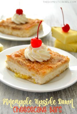 These Pineapple Upside Down Cheesecake Bars are such a fun spin on the classic cake! This EASY recipe takes minutes to prepare and features rich brown sugar, juicy pineapple, creamy cheesecake and a brown sugary crust that's positively irresistible!
