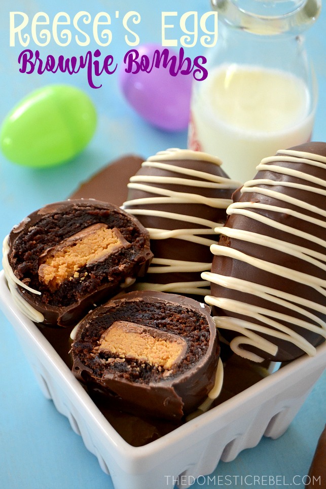 Reese's Egg Brownie Bombs arranged in white basket with glass of milk and plastic eggs