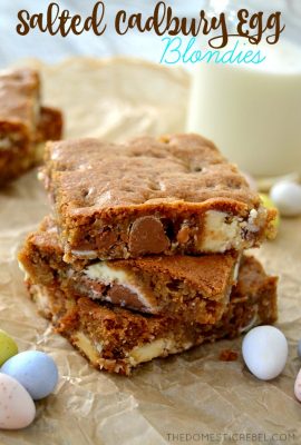 These Salted Cadbury Egg Blondies are a rich, sweet and salty dessert that's sure to please! This easy recipe comes together in minutes and has delightful pockets of rich Cadbury chocolate swirled throughout. Perfect for Easter!