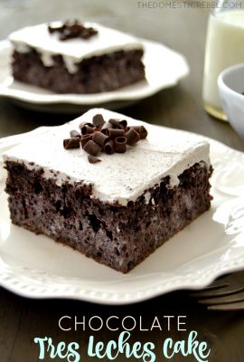 This Chocolate Tres Leches Cake is such a fun, elegant spin on the classic cake! A rich, moist dark chocolate cake topped with chocolate shaved whipped cream for a decadent, EASY recipe that's sure to please!