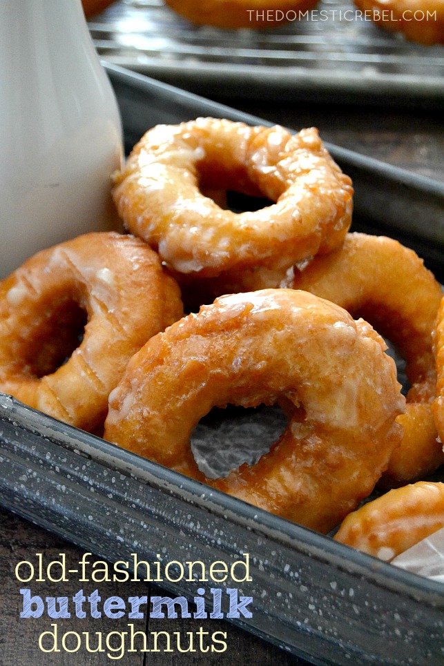 old-fashioned buttermilk doughnuts arranged in metal tray