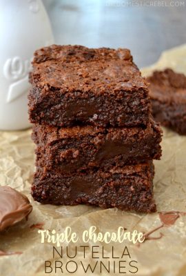 These Triple Chocolate Nutella Brownies are SO EASY! They come together in minutes, are only one-bowl, and produce an ultra moist, super fudgy, incredibly rich and fudgy brownie bursting with three kinds of chocolate!