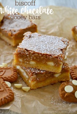 My new favorite: Biscoff White Chocolate Gooey Bars! Sweet, spicy, and ULTRA GOOEY! This recipe is so easy and so adaptable!