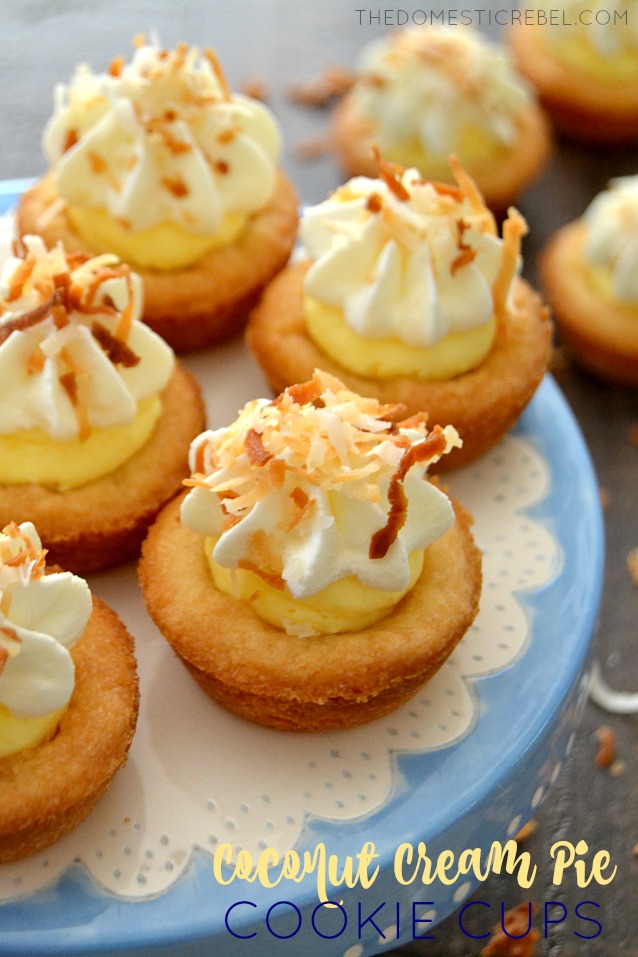 Coconut Cream Pie Cookie Cups arranged on blue and white cake stand