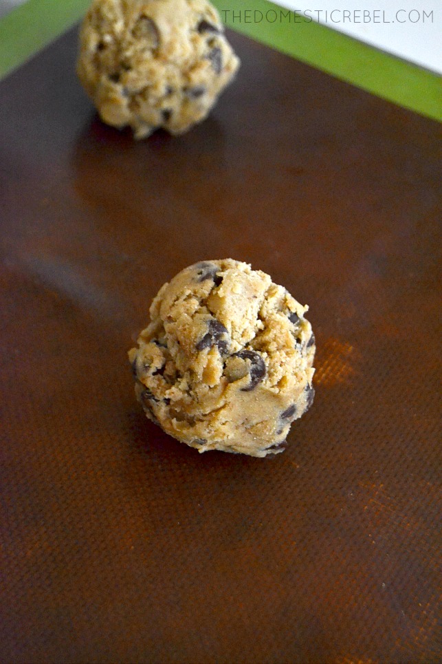 Photo of chocolate chip cookie dough on baking sheet