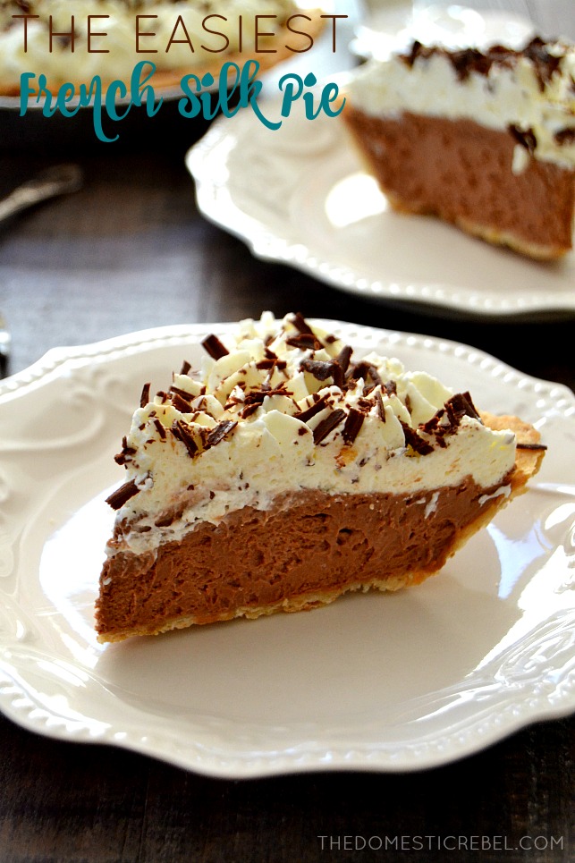 French Silk Pie slices on white plates and wood background