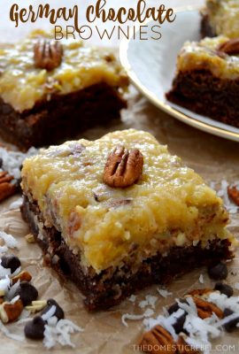 These German Chocolate Brownies are the BEST! Ultra fudgy brownies topped with a gooey coconut pecan frosting. Tastes just like the classic cake recipe but in a fudgy brownie!