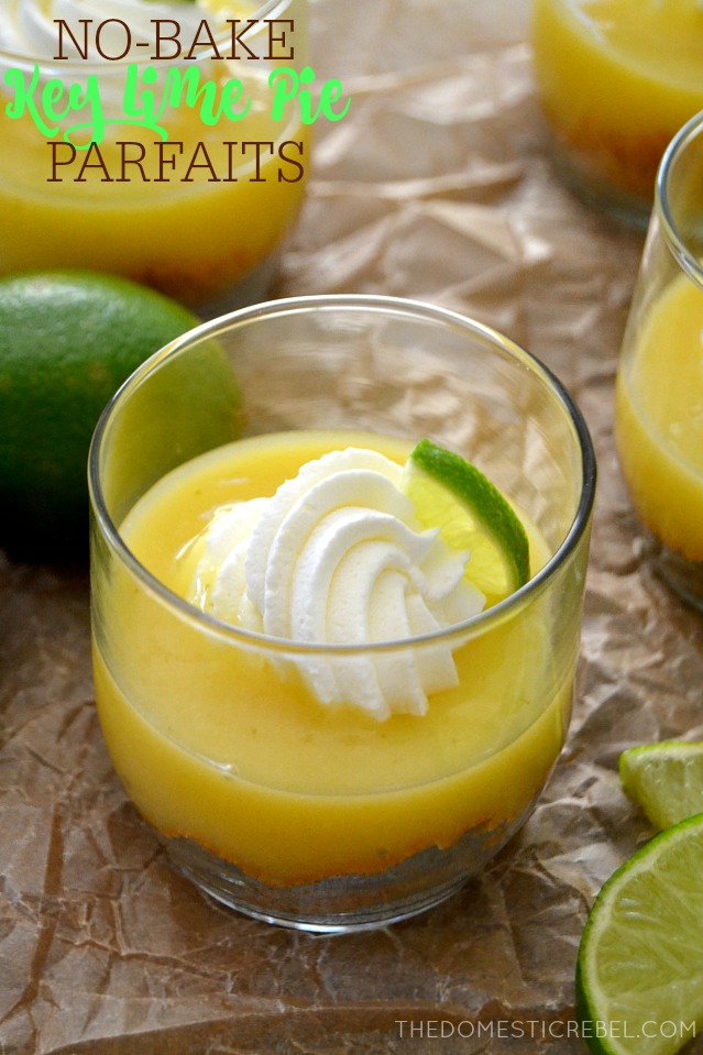 Key Lime Pie Parfaits in glasses with lime wedges on parchment