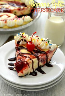 This Banana Split Cheesecake is creamy, smooth, rich, fruity and tastes JUST like a banana split! Super simple to make and great for parties!