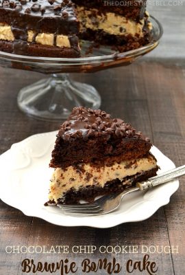 This Chocolate Chip Cookie Dough Brownie Bomb Cake is a fun twist on my signature dessert! Two fudgy brownie cake layers are sandwiched around egg-free chocolate chip cookie dough and topped with chocolate ganache! So easy and impressive!