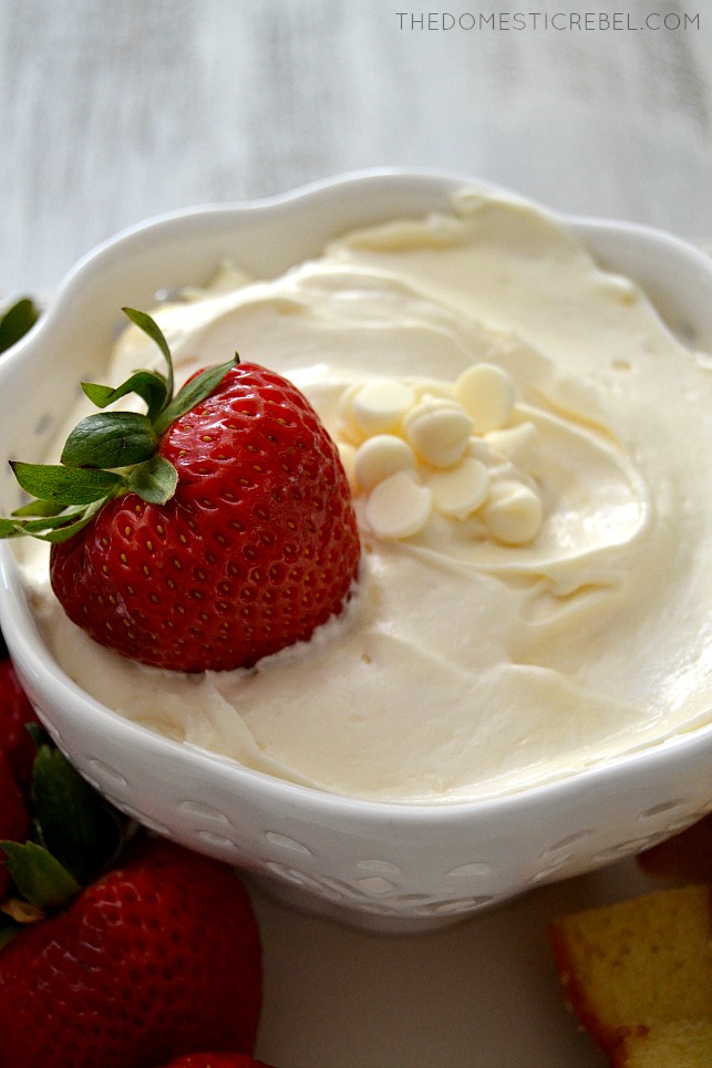 Strawberry in White Chocolate Marshmallow Dip in white bowl