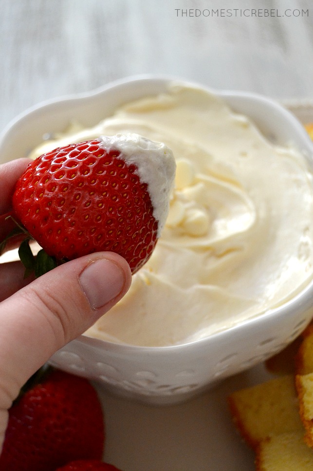 Strawberry with dip in white bowl