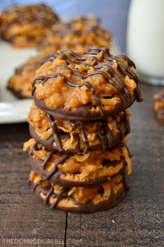 Samoas Cookies stacked on wood background