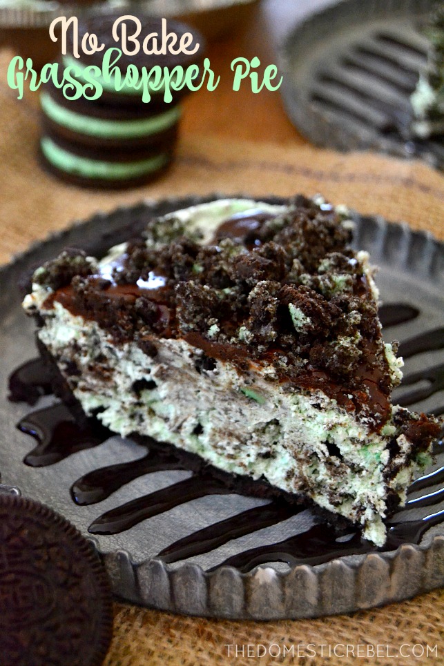No Bake Grasshopper Pie slice on metal plate with cookies and chocolate drizzle