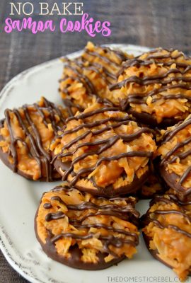 These No Bake Girl Scout Copycat Samoa Cookies are so awesome! Buttery, rich, packed with toasted coconut, caramel and chocolate and are only 5 ingredients! Easy, fast, and so satisfying!!