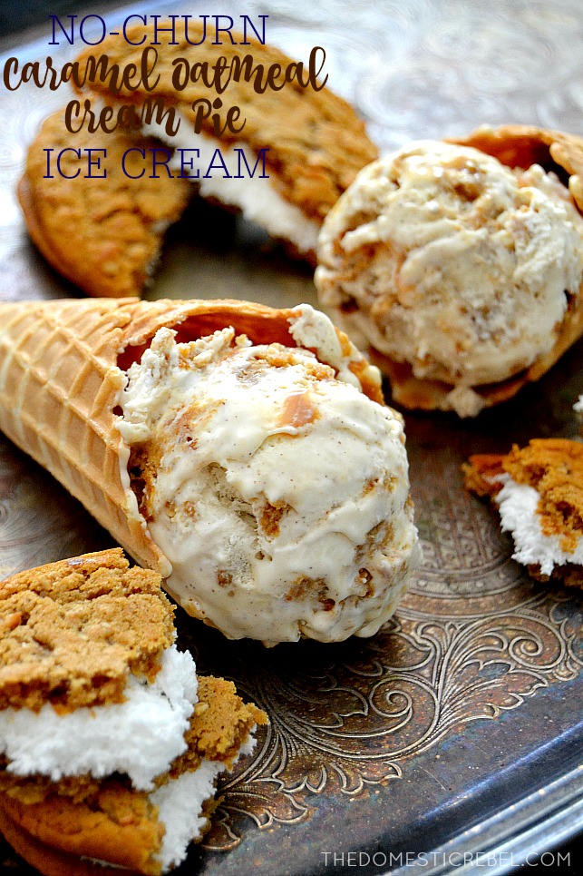 This No Churn Caramel Oatmeal Cream Pie Ice Cream is INCREDIBLE! So easy, comes together quickly and has amazing homemade flavor!