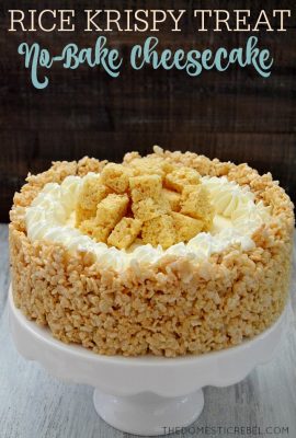 This Rice Krispy Treat No Bake Marshmallow Cheesecake is amazing! A total crowd pleaser, it's super easy to make and no-bake! Gooey, fluffy, creamy and smooth with that wonderful marshmallow flavor!