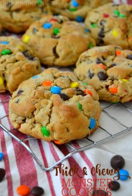 These Thick & Chewy Monster Cookies are awesome! Loaded with peanut butter, gooey chocolate, mini M&M's candy and oats, they're soft, chewy, gooey and AMAZING!