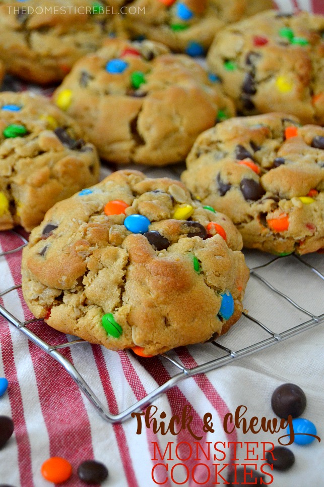 Thick & Chewy Monster Cookies on wire rack with mini M&Ms