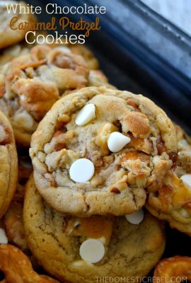 These White Chocolate Caramel Pretzel Cookies are soft & chewy and swirled with crunchy pretzels, gooey caramel & sweet white chocolate! So easy, so impressive and so dang delicious!