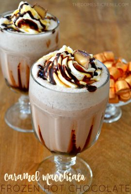 This Caramel Macchiato Frozen Hot Chocolate is so dreamy! Freezy, icy, creamy and perfect, it's made in minutes and has wonderful buttery caramel and rich chocolaty flavors!