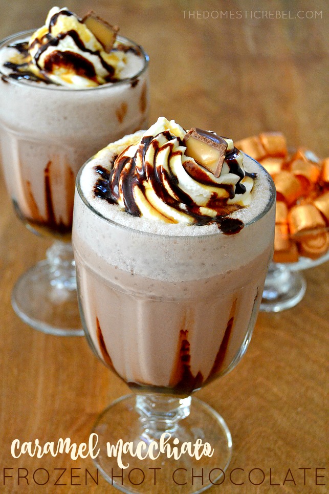 Caramel Macchiato Frozen Hot Chocolate in glasses with candy in background