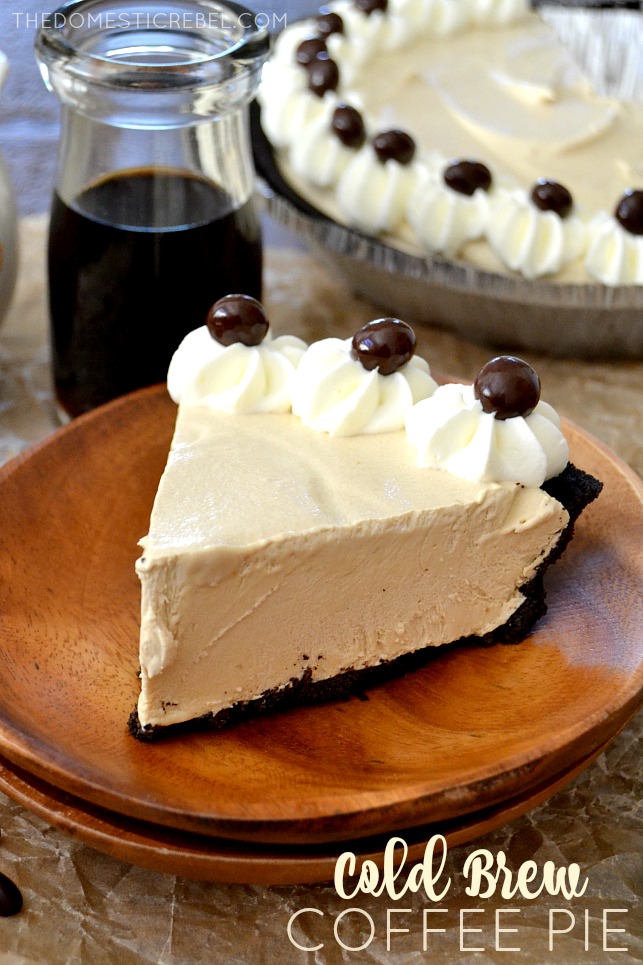 Cold Brew Coffee Pie on wood plates with coffee in background