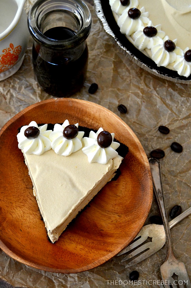 Cold Brew Coffee Pie on wood plates and parchment with forks and coffee