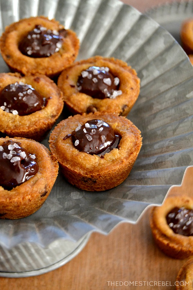 Salted Ganache Cookie Cups on metal cake stand