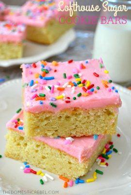 These Lofthouse Sugar Cookie Bars are the BEST ever! Soft and chewy with a fluffy interior, they have a thick vanilla buttercream and plenty of sprinkles! So easy, so fun!