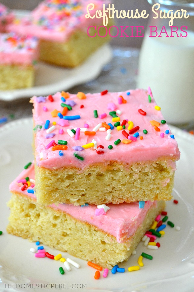 Lofthouse Sugar Cookie Bars stacked on white plate with milk