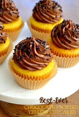 The BEST Chocolate-Frosted Yellow Cupcakes: moist, fluffy and buttery vanilla cupcakes topped with a rich, chocolaty and decadent EASY chocolate frosting. So simple, so impressive!
