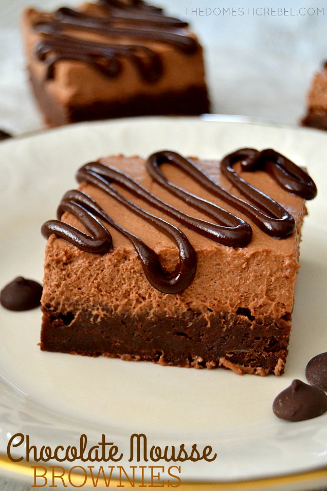 Chocolate Mousse Brownies on white plate with chocolate chips