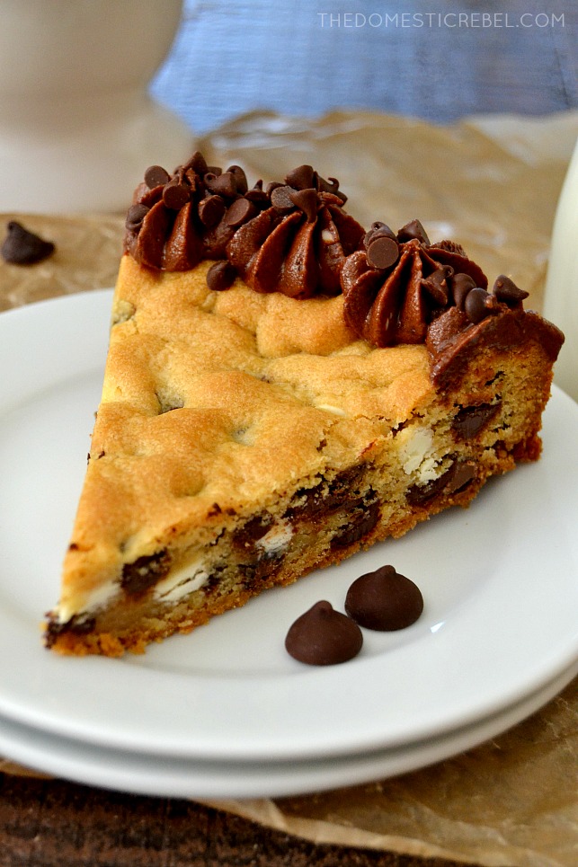 Triple Chip Cookie Cake on white plates with chocolate chips