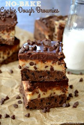 These No Bake Cookie Dough Brownies are a miracle dessert! Fudgy brownies, egg-free cookie dough, and a rich chocolate ganache - all entirely NO BAKE! Easy, impressive and great to make with kids!