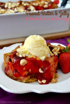 Peanut Butter & Jelly Bread Pudding: peanut butter-soaked gooey bread pudding swirled with strawberry jam and topped with crunchy peanuts. Sweet, salty, super easy, and divine!