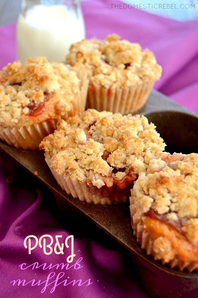 PBJ Crumb Muffins arranged in cast iron pan with milk and purple fabric