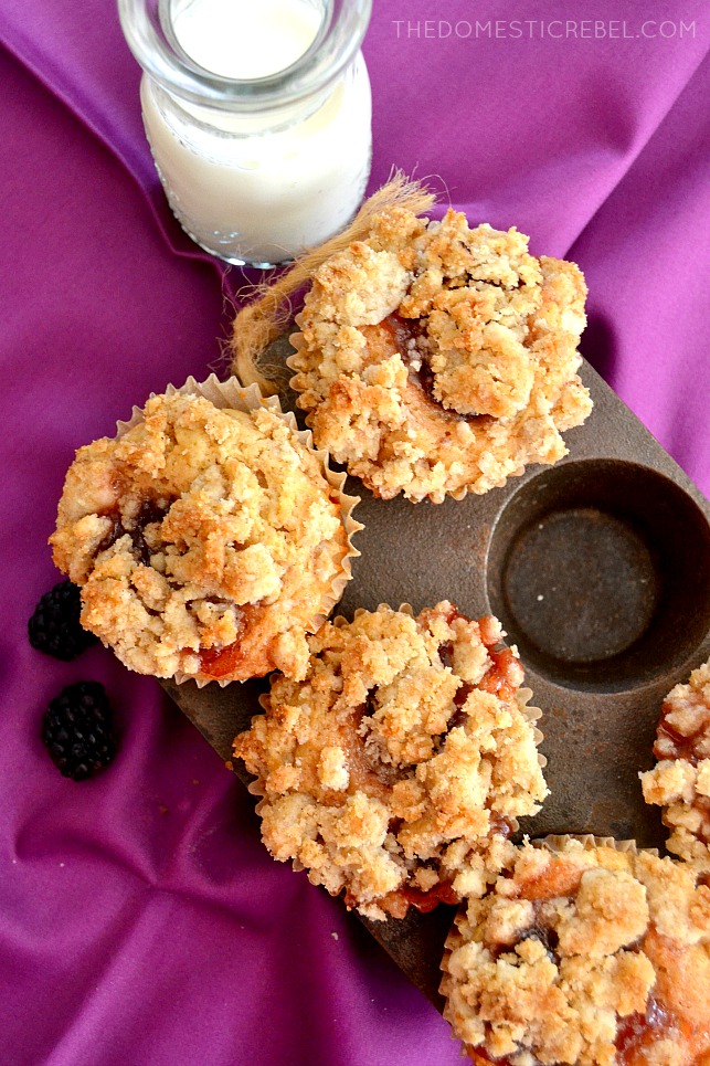 PBJ Crumb Muffins in cast iron pan with milk