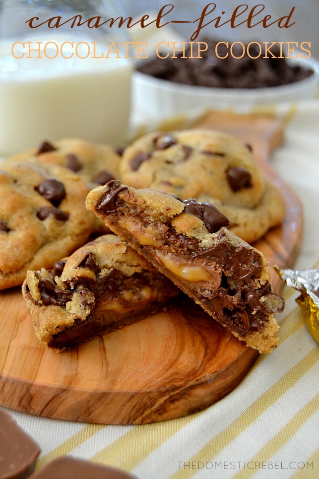 Caramel Filled Chocolate Chip Cookies arranged on wood