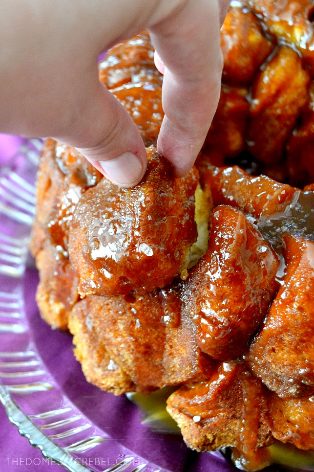 Author pulling off a piece of Salted Caramel Monkey Bread