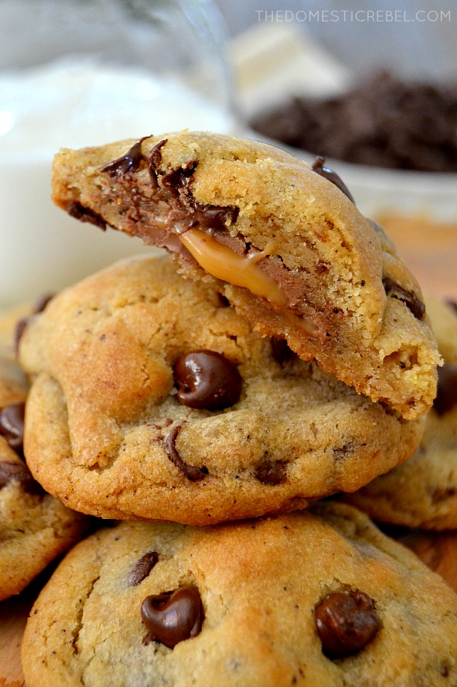 Chocolate Caramel Filled Cookies stacked with milk 