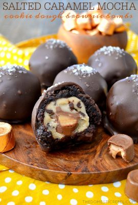 These Salted Caramel Mocha Cookie Dough Brownie Bombs are AWESOME. Espresso fudgy brownies are wrapped around egg-free chocolate chip cookie dough that's filled with a caramel candy and everything is coated in chocolate and sea salt. Sweet, salty, decadent, delicious!