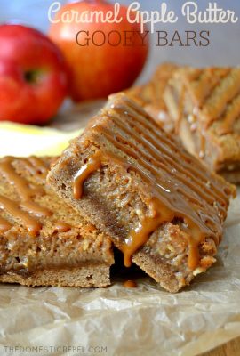 These Caramel Apple Butter Gooey Bars are so delicious and GREAT for fall! A spice cake base, cinnamon & apple pie-spiced apple butter filling and buttery caramel complete these gooey, chewy, perfect bars.