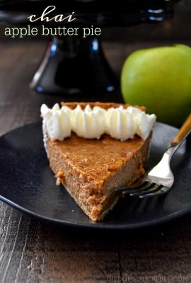 Chai Apple Butter Pie: a flavorful, EASY pie made with apple butter and chai spices. Perfect for the holidays as an alternative to pumpkin pie! Simple, silky-smooth, spicy, sweet and utterly fantastic!