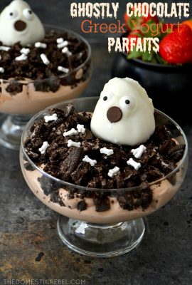 Ghostly Chocolate Greek Yogurt Parfaits are creamy, smooth and bursting with chocolate & strawberry Greek-style yogurt flavors! Kids and adults alike will delight in these spooky parfaits! #ad