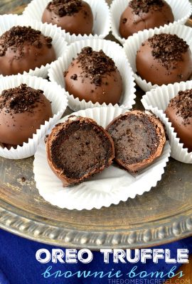 These Oreo Truffle Brownie Bombs are no-bake, 2-ingredient Oreo truffles surrounded by a fudgy baked brownie and coated in milk chocolate! Easy, impressive and perfect for any chocoholic! These would make GREAT gifts!