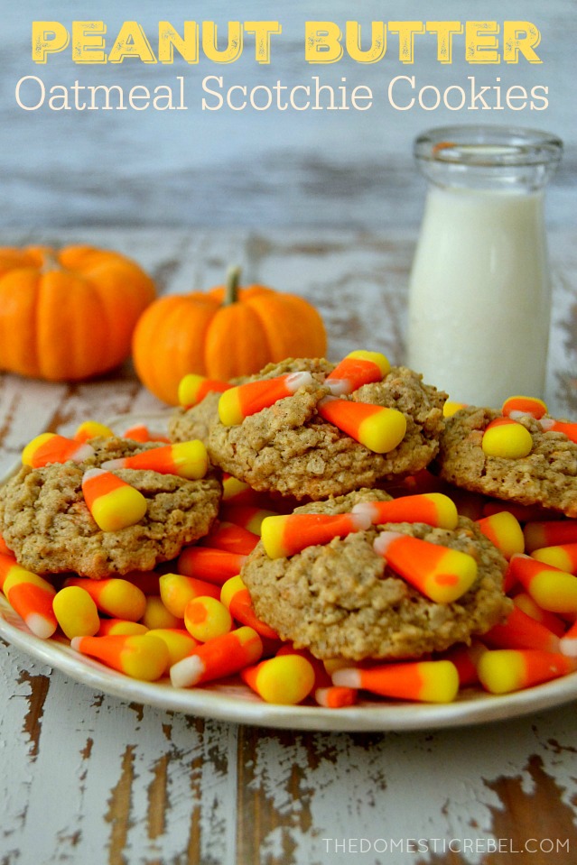 peanut butter oatmeal scotchie cookies on plate with candy corn, milk and pumpkins
